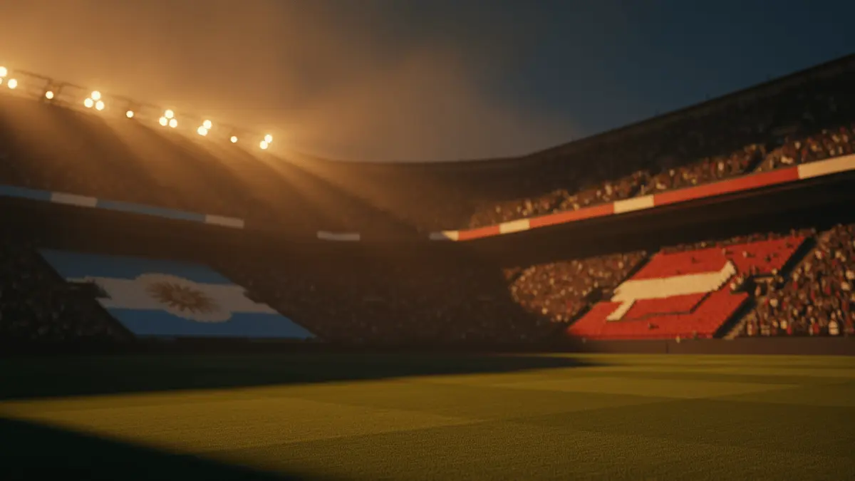 Floodlit stadium at sunset with packed crowds silhouetted and empty pitch in sharp focus, golden-hour lighting.