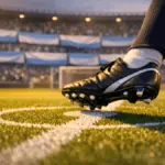 Floodlit stadium with sky-blue and white bunting, football boot in motion on centre spot, golden evening light.