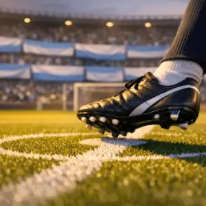 Floodlit stadium with sky-blue and white bunting, football boot in motion on centre spot, golden evening light.