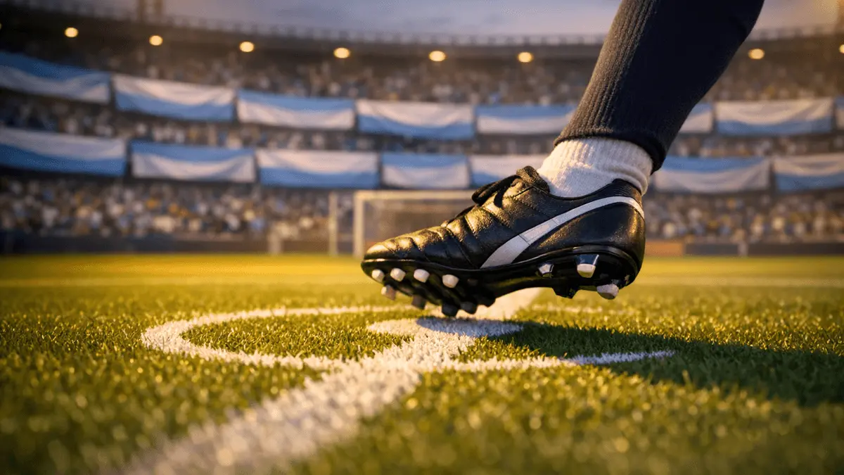 Floodlit stadium with sky-blue and white bunting, football boot in motion on centre spot, golden evening light.