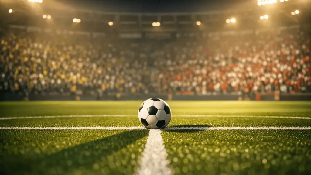 Floodlit stadium pitch with ball on centre spot, dramatic shadows, packed stands in gold-green and red-white crowd silhouettes, pre-kickoff tension.