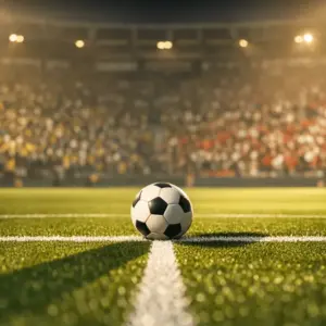 Floodlit stadium pitch with ball on centre spot, dramatic shadows, packed stands in gold-green and red-white crowd silhouettes, pre-kickoff tension.