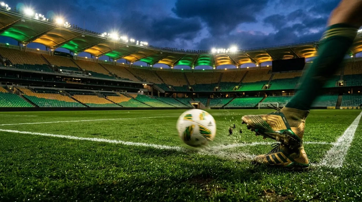 Floodlit stadium pitch with emerald-green and gold lighting, football boot in motion blur, match ball mid-roll, dramatic shadows.