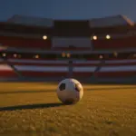 Empty stadium corner view with match ball, red-white accent lighting, evening floodlights, dramatic shadows.