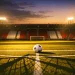 Floodlit stadium pitch at dusk with football on centre spot, stands in Austrian red and white, dramatic shadows.