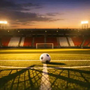 Floodlit stadium pitch at dusk with football on centre spot, stands in Austrian red and white, dramatic shadows.