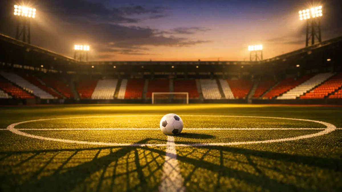 Floodlit stadium pitch at dusk with football on centre spot, stands in Austrian red and white, dramatic shadows.