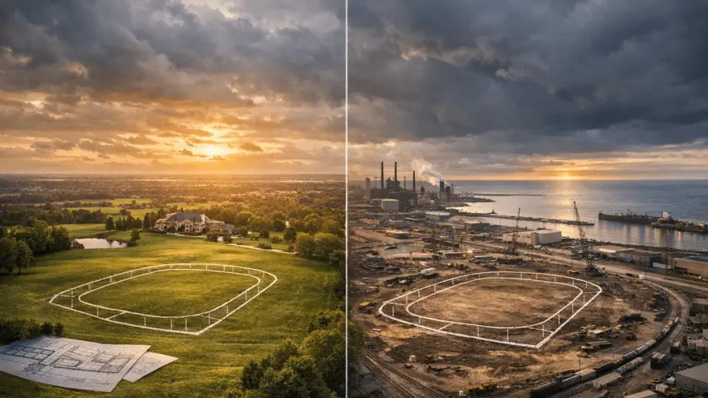 Aerial view of two potential NFL stadium sites representing Bears' choice between Illinois and Indiana
