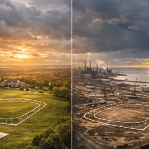 Aerial view of two potential NFL stadium sites representing Bears' choice between Illinois and Indiana