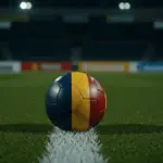 Floodlit stadium pitch at dusk with ball on penalty spot, blue and gold colour palette under evening lights.