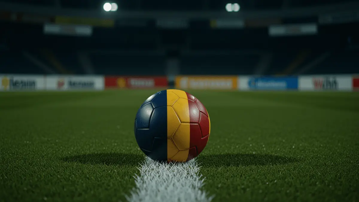 Floodlit stadium pitch at dusk with ball on penalty spot, blue and gold colour palette under evening lights.