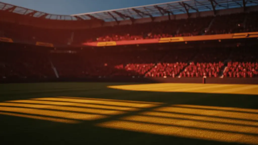 Floodlit football stadium at golden hour with packed stands, red and crimson atmospheric lighting, dramatic shadows on pristine pitch.