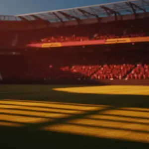 Floodlit football stadium at golden hour with packed stands, red and crimson atmospheric lighting, dramatic shadows on pristine pitch.