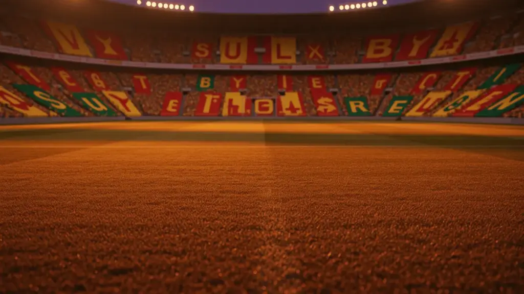 Floodlit football pitch at dusk with Belgian and Senegalese colour banners in packed stadium stands.