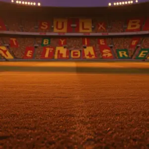 Floodlit football pitch at dusk with Belgian and Senegalese colour banners in packed stadium stands.