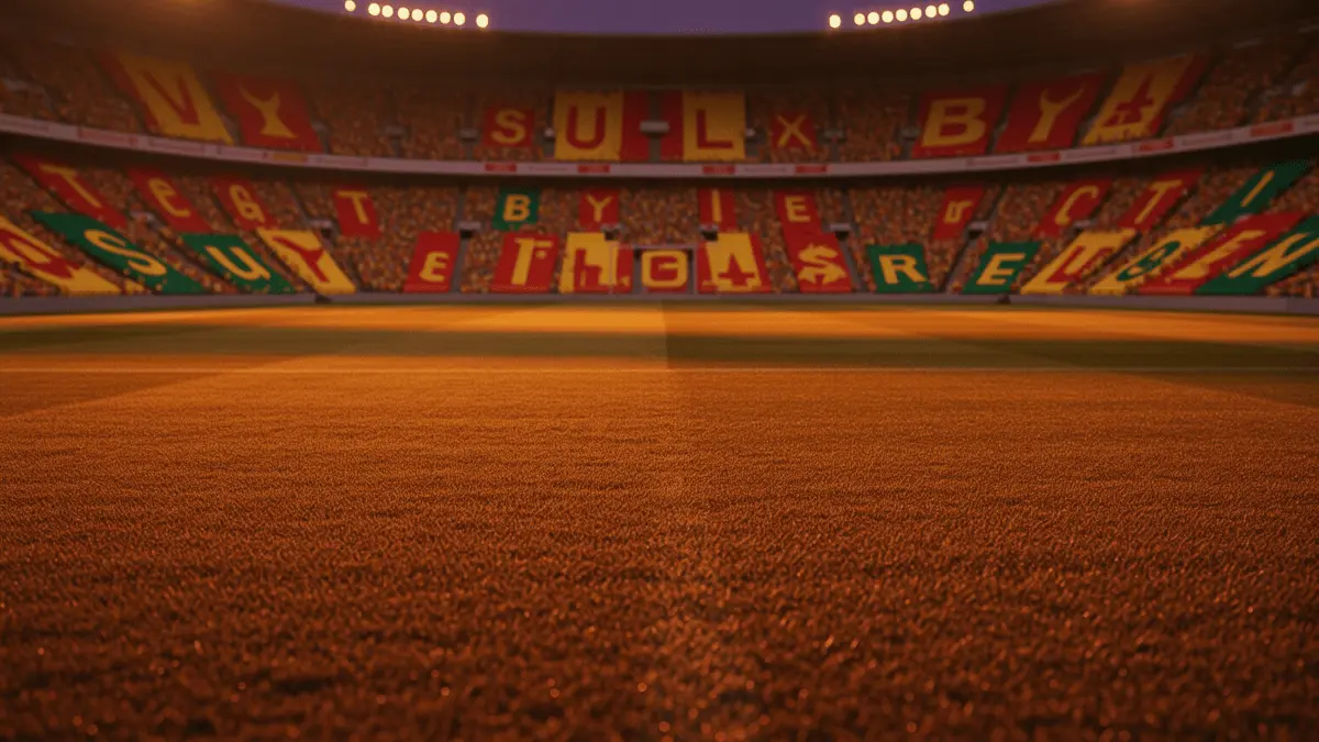 Floodlit football pitch at dusk with Belgian and Senegalese colour banners in packed stadium stands.