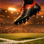 Floodlit football stadium at dusk with red and gold lighting, suspended boot in motion over pitch markings, soft crowd silhouettes.