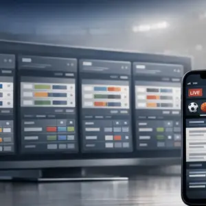 Digital sports betting comparison interface showing multiple betting platforms on desktop and mobile screens