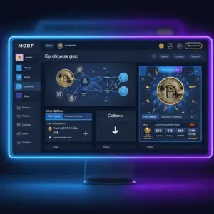 Cryptocurrency casino platform interface with neon digital design and blockchain elements