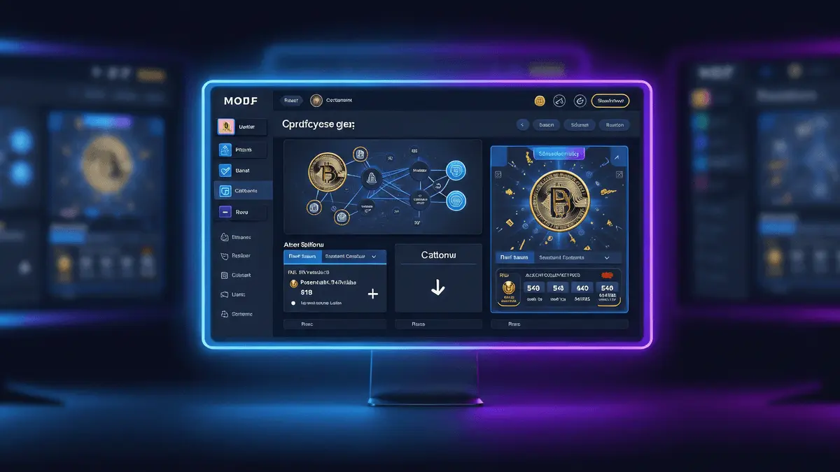 Cryptocurrency casino platform interface with neon digital design and blockchain elements