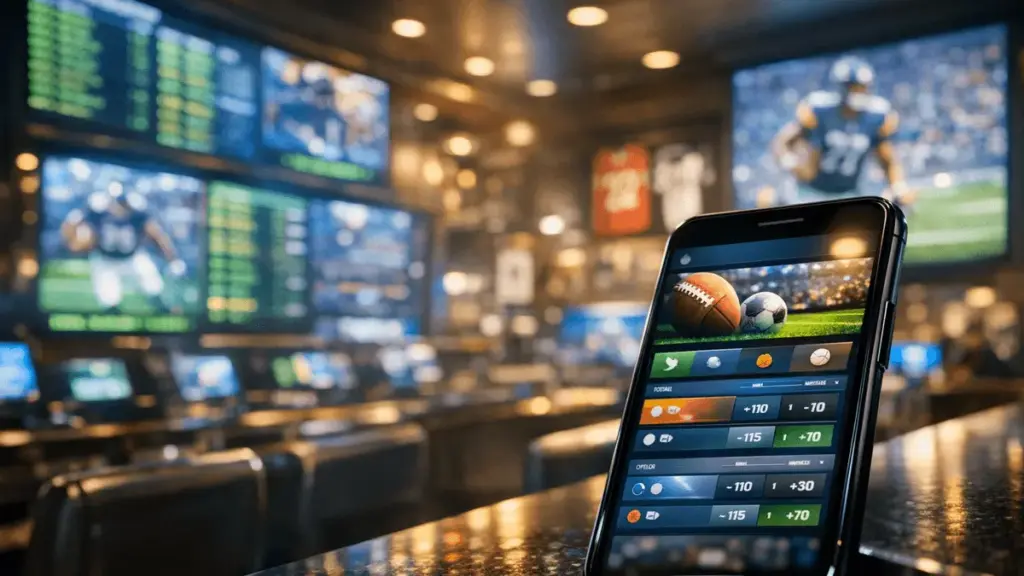 Nevada sportsbook counter with digital betting displays and live odds in Las Vegas casino