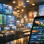 Nevada sportsbook counter with digital betting displays and live odds in Las Vegas casino