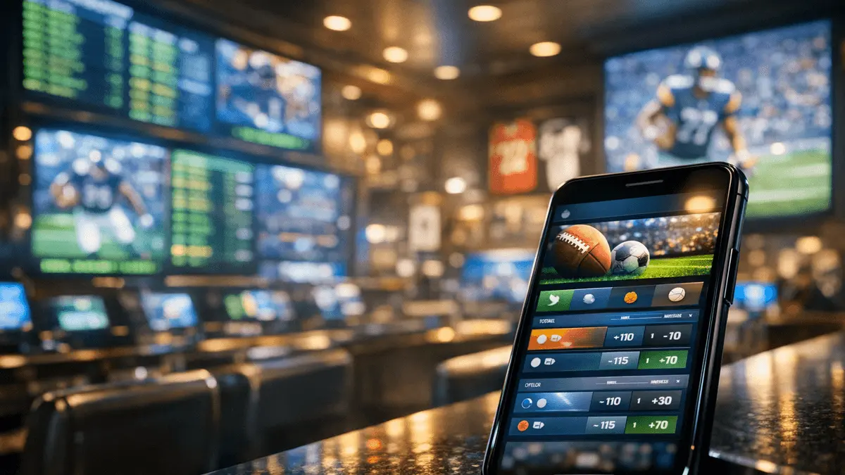 Nevada sportsbook counter with digital betting displays and live odds in Las Vegas casino