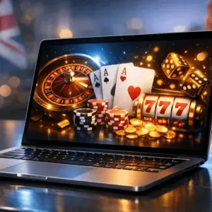 Digital casino platform on laptop screen with UK-themed gaming interface and professional lighting