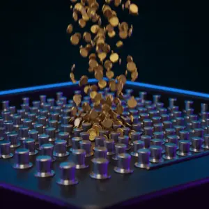 Dynamic Plinko game board with cascading tokens and neon lighting in a crypto casino setting