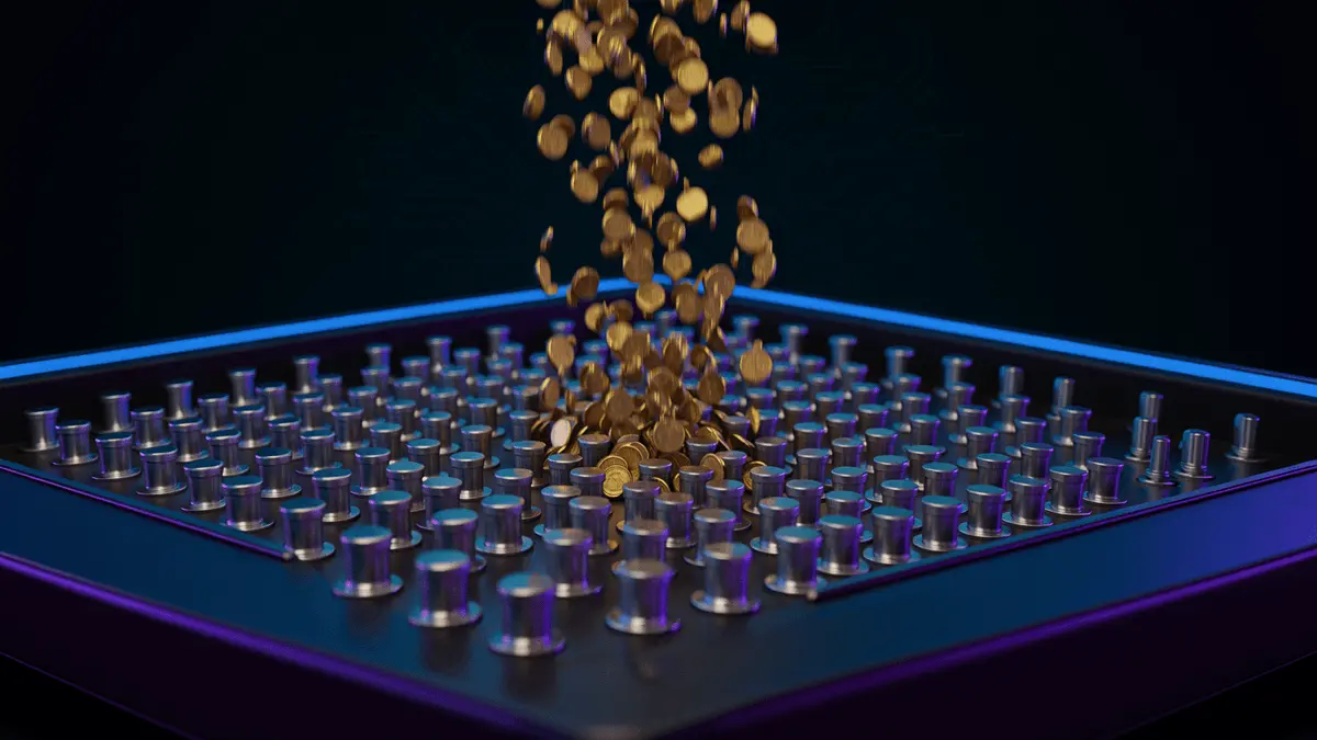 Dynamic Plinko game board with cascading tokens and neon lighting in a crypto casino setting
