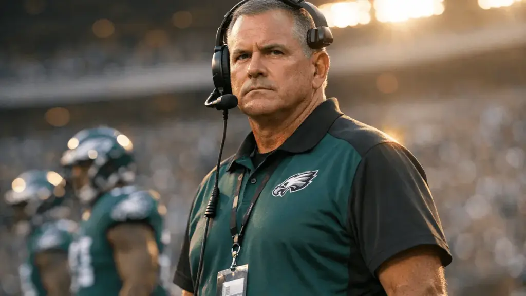 Eagles security chief Big Dom DiSandro on sideline looking authoritative during NFL game