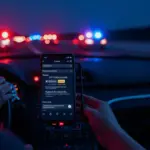 Bodycam perspective of traffic stop with phone on dashboard and police lights