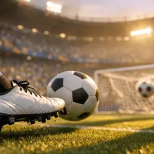 Floodlit stadium with blue and gold flag colours, boot kicking ball, net billowing, packed stands, evening light and shadows.