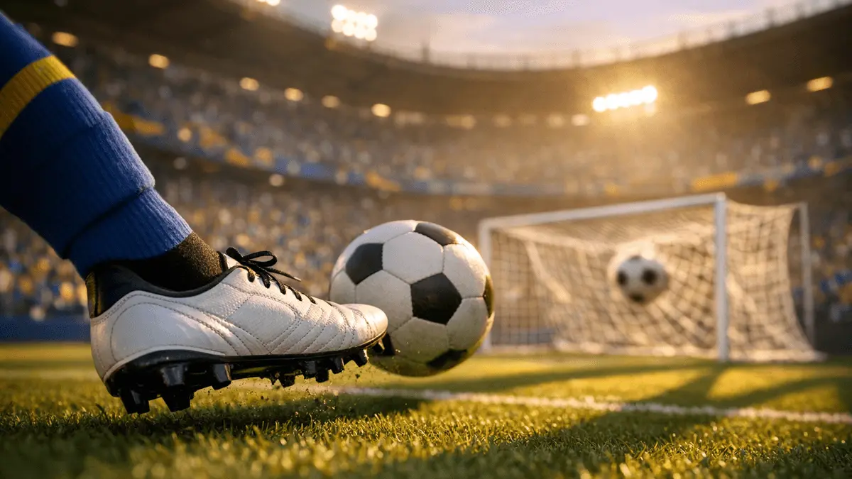 Floodlit stadium with blue and gold flag colours, boot kicking ball, net billowing, packed stands, evening light and shadows.