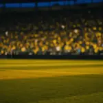 Floodlit stadium pitch at dusk with packed stands and dramatic golden-blue lighting during group-stage match.