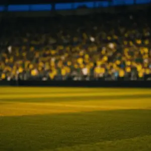 Floodlit stadium pitch at dusk with packed stands and dramatic golden-blue lighting during group-stage match.
