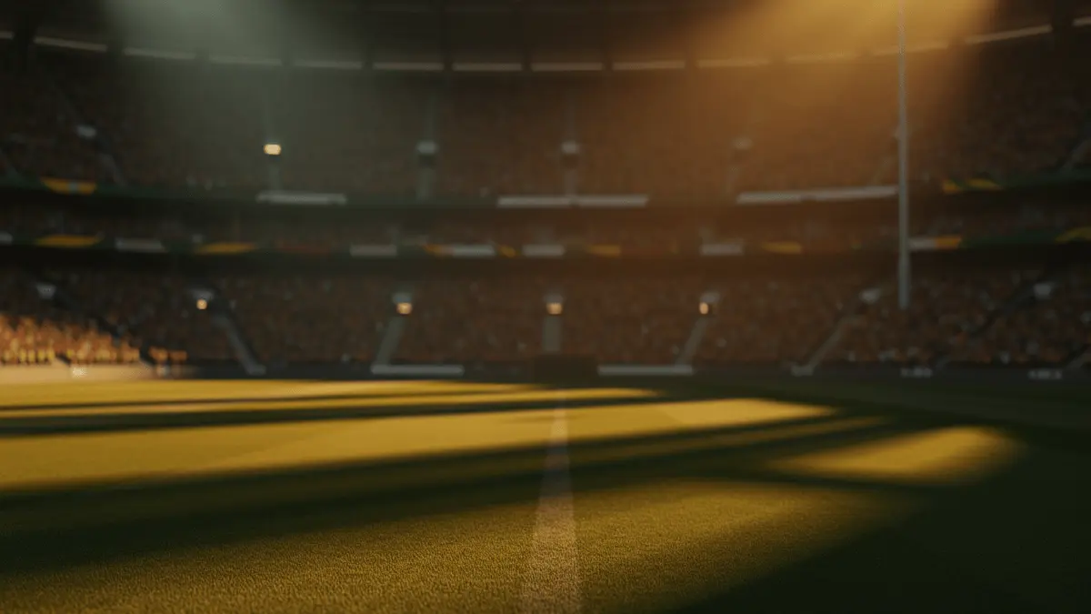 Empty floodlit stadium pitch at golden hour with dramatic shadows, packed stands in background, warm and cool colour contrast.