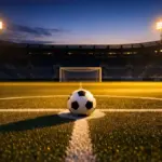 Empty floodlit stadium pitch with ball on penalty spot, golden-hour lighting, dramatic shadows at dusk.