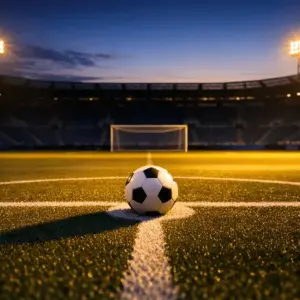 Empty floodlit stadium pitch with ball on penalty spot, golden-hour lighting, dramatic shadows at dusk.