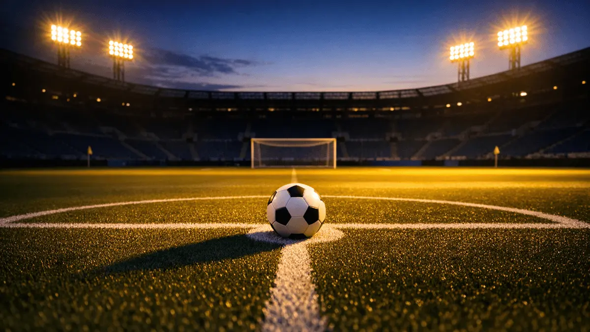 Empty floodlit stadium pitch with ball on penalty spot, golden-hour lighting, dramatic shadows at dusk.