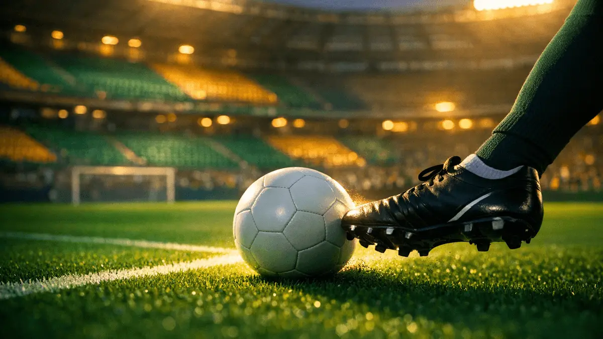 Floodlit football pitch at dusk with boot kicking ball; emerald and gold stadium lighting reflects Brazil colours.