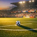 Floodlit football pitch at dusk with ball on centre spot, dramatic shadows, golden-hour lighting, packed stadium background.