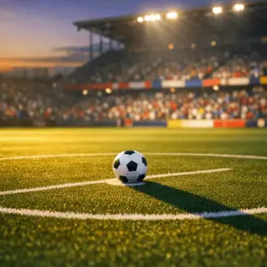 Floodlit football pitch at dusk with ball on centre spot, dramatic shadows, golden-hour lighting, packed stadium background.