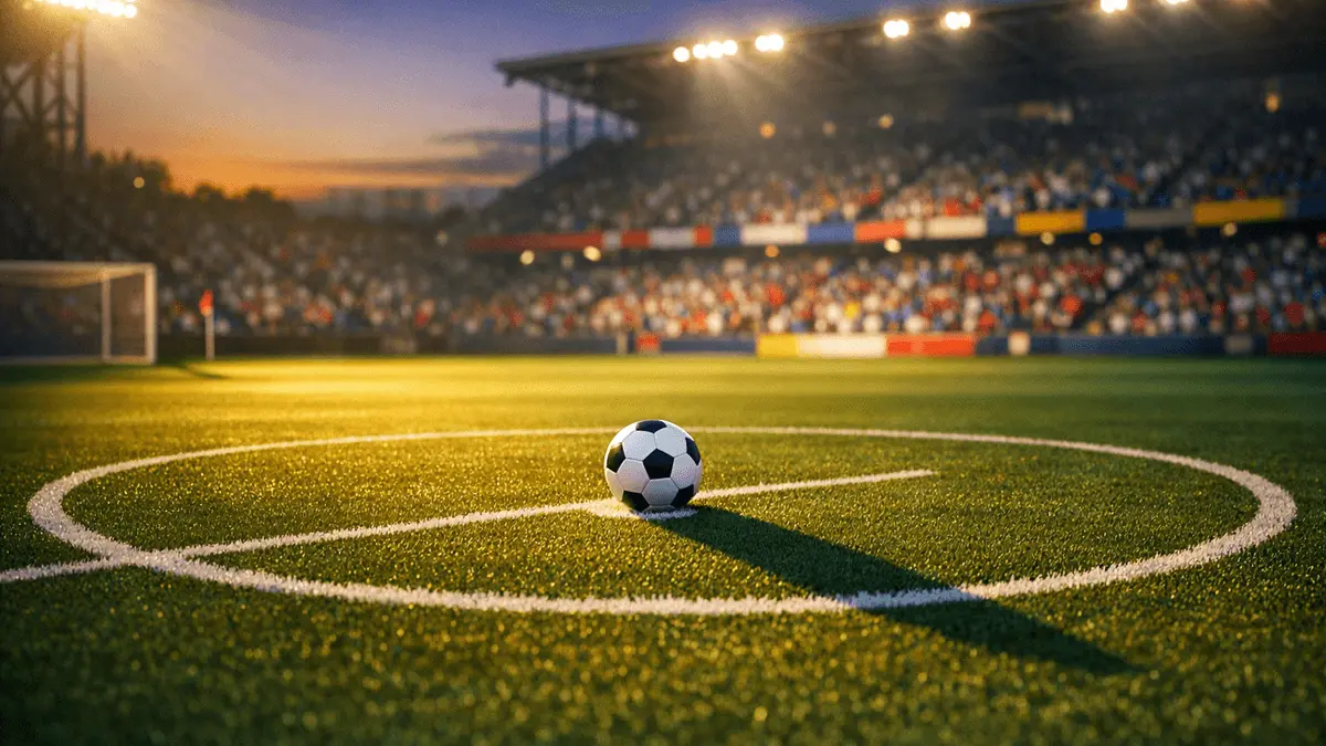 Floodlit football pitch at dusk with ball on centre spot, dramatic shadows, golden-hour lighting, packed stadium background.