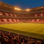 Floodlit stadium at golden hour with packed stands of Canadian and Qatari fans, empty pitch ready for match.