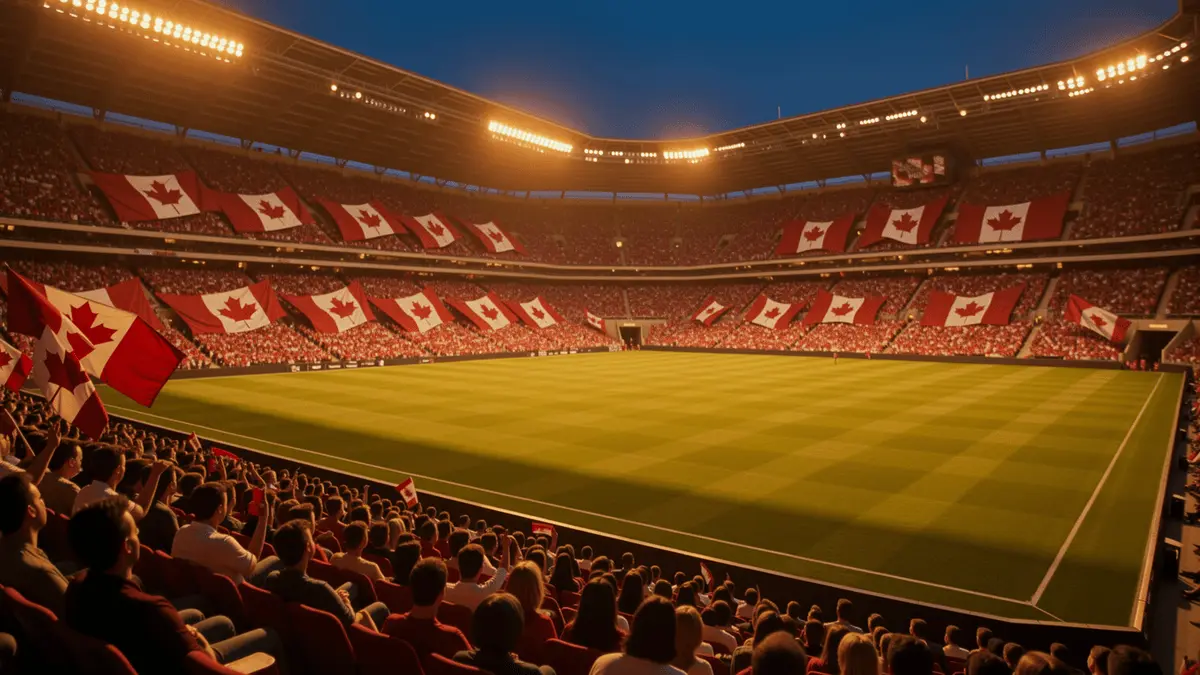 Floodlit stadium at golden hour with packed stands of Canadian and Qatari fans, empty pitch ready for match.