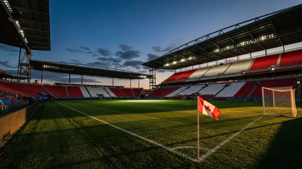 Floodlit stadium pitch with red and white stand sections, evening atmosphere, goal net and corner flag in sharp relief.