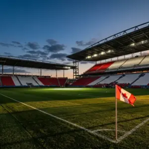 Floodlit stadium pitch with red and white stand sections, evening atmosphere, goal net and corner flag in sharp relief.