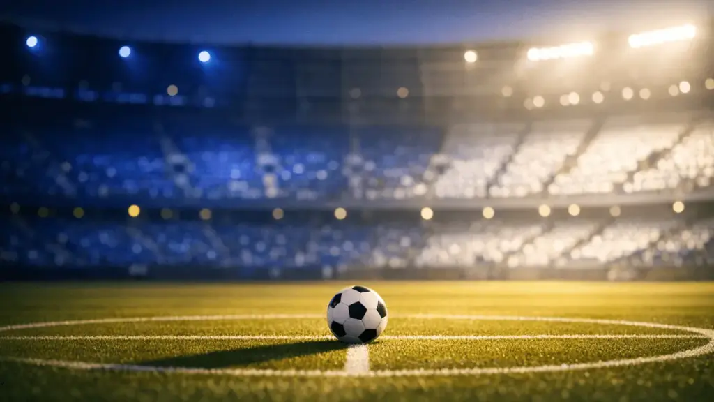 Floodlit stadium pitch with Cape Verde national colours (blue and white) lighting the stands, centre-spot football, geometric shadows.