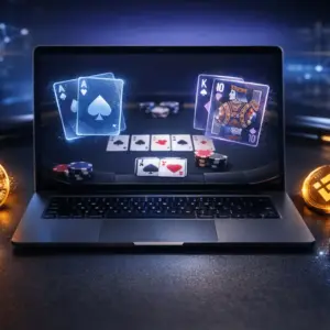 Digital cryptocurrency poker platform interface with glowing neon tokens and blockchain elements
